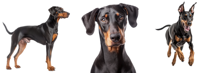 Set of cute doberman dogs isolated on transparent background PNG
