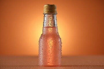Small clear glass bottle with golden cap and water droplets against a vibrant orange gradient background