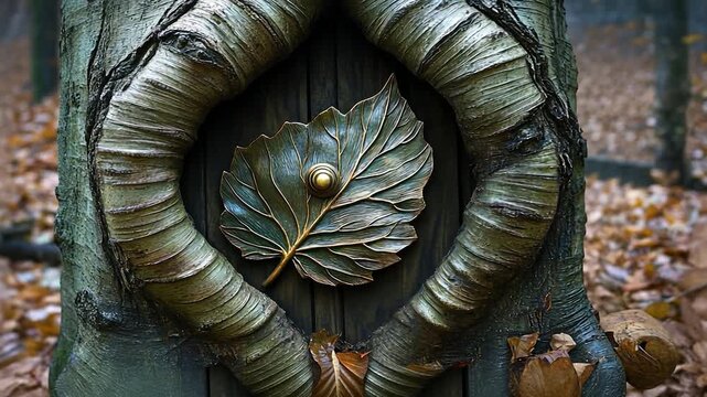 Ornate leaf-shaped detail on a tree trunk