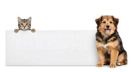 Adorable Cat and Dog Duo Holding Blank White Sign, Studio Shot