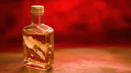 Rectangular glass bottle filled with a light liquid and plant parts on a surface with a red blurred background