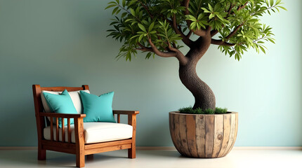 Stylish living space featuring light wooden chair, twisted trunk plant and rustic planter under soft daylight