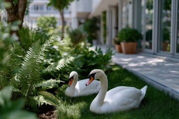 Obraz premium Two elegant swans peacefully rest in a lush green garden, surrounded by tropical plants and serene architecture, symbolizing beauty and tranquility in nature.