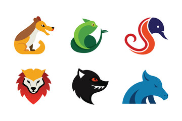 Vector art of collection of colorful animal head logos isolated on white background for company branding