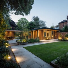 Obraz premium Modern garden structures, illuminated pathway, evening scene