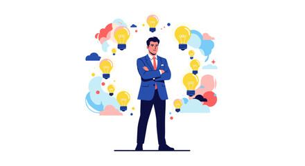 A confident businessman stands with arms crossed, surrounded by glowing lightbulbs symbolizing brilliant ideas and innovative solutions, against a clean white background.