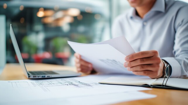 Architect reviews blueprints in office. Man analyzes design plans for web, marketing, architectural projects. - Powered by Adobe