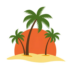 Three palm trees on a sandy beach with a large orange sun in the background.