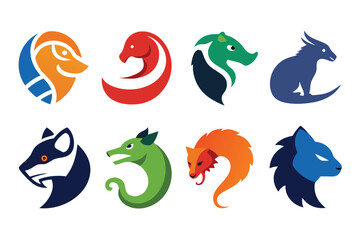 Vector art of a colorful array of animal head logos isolated on white background showcases unique designs