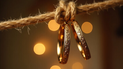  Three golden wedding bands hanging on a jute rope, symbolizing love and commitment with warm lighting.
