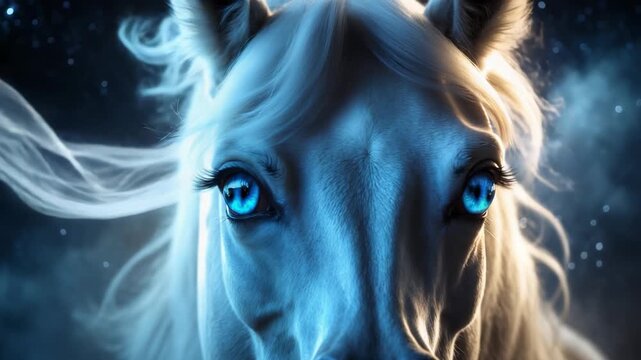 White Horse With Blue Eyes and Swirling Smoke