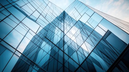 Ultra-modern office building with a reflective glass facade geometric shapes clean surfaces reflecting a futuristic urban environment quality