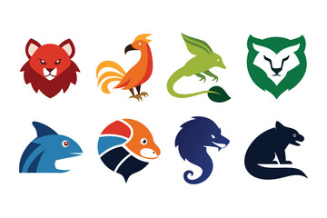Vector art of a set of vibrant animal head logos are isolated on white background for branding