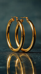 Gold hoop earrings on black stand for presentation
