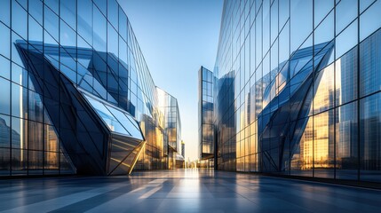 Ultra-modern office complex with a reflective glass facade smooth geometric architecture reflections of a futuristic skyline