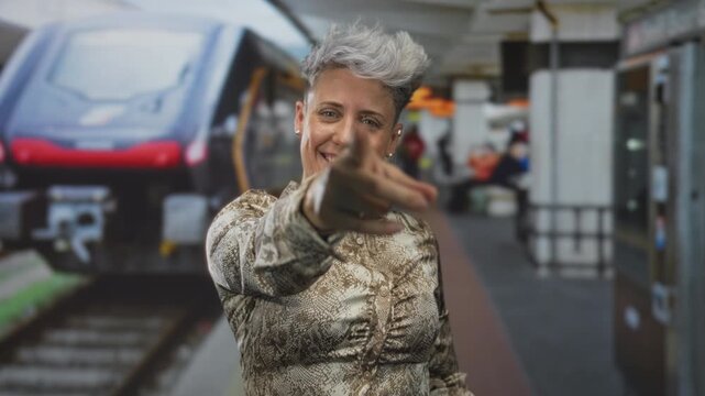 Woman smiles while making heart gesture with hands in front of a red train at railway building; joy.