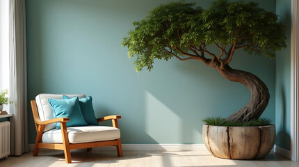 Stylish living space featuring light wooden chair, twisted trunk plant and rustic planter under soft daylight