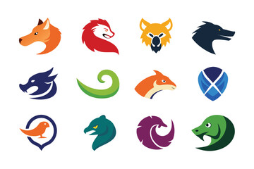 Vector art of collection of colorful animal logo designs isolated on white background