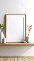 Blank frame on shelf with decor