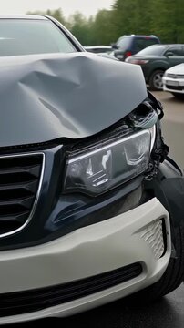 Severely damaged dark vehicle with crumpled bumper and hood after an unexpected collision on a road. Auto accident coverage concept footage.