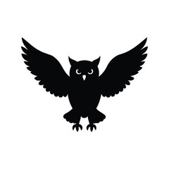 A simple black silhouette image of an owl in midflight.