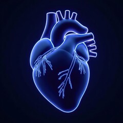 Realistic anatomy human Heart in blue Neon light isolated black background. Futuristic human Heart ideal for medicine art poster placard banner template design. 