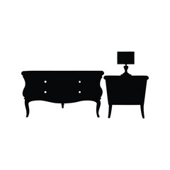 Elegant vintage furniture silhouette featuring a dresser and a nightstand with lamp