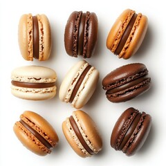 A refined collection of macarons in classic white, soft caramel, and rich coffee brown,