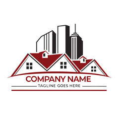 Fototapeta premium Vibrant Red Roof Real Estate Logo - Horizontal Vector of Multiple Residential Homes Against a Modern City Skyline