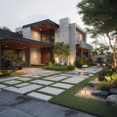 Obraz premium Modern house facade with paved driveway and lush landscaping