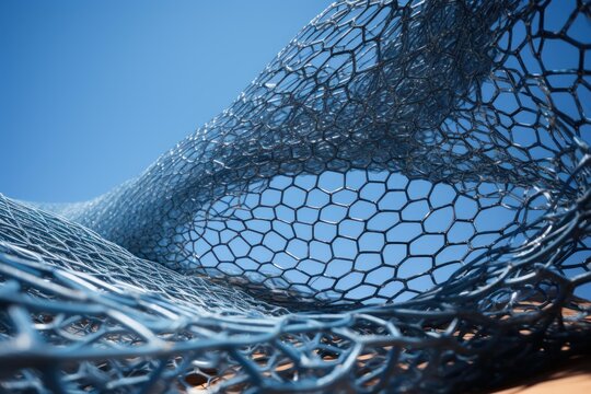 Blue plastic netting is swaying in the wind against a clear blue sky