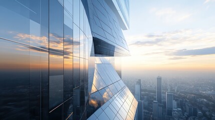 Ultra-modern office tower with a reflective glass facade sharp-edged architecture clean surfaces reflecting a futuristic cityscape