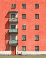 Obraz premium A?vibrant?coral-red?apartment?building?with?multiple?windows?and?balconies?cast?in?sunlight?shadows?on?a?green?lawn