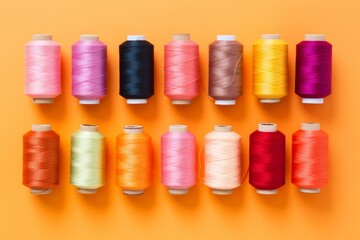 Set of multicolored sewing threads neatly arranged on an orange backdrop, ideal for tailoring, fashion design, and diy projects