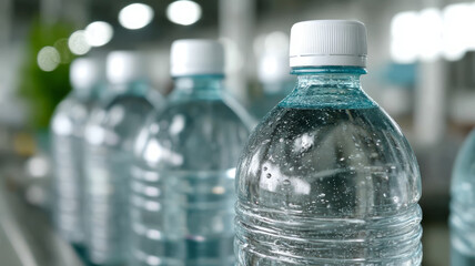 Close-up of water bottles on a production line in a factory.