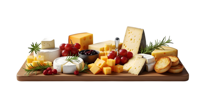 Assorted cheeses with grapes and crackers on a wooden board    .ai generative, transparent background, white background. isolated on white background - Powered by Adobe