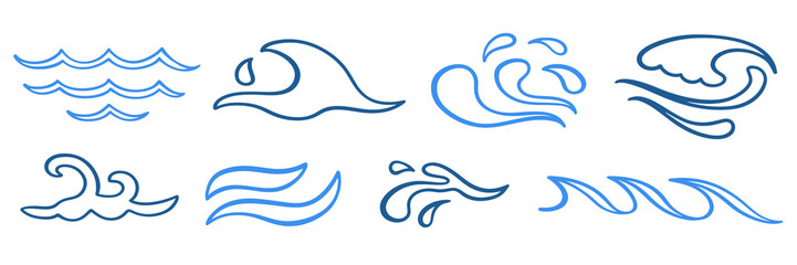 Abstract blue ocean waves logo outline icons set
