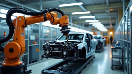 Robotic arm assembling car chassis in automated factory