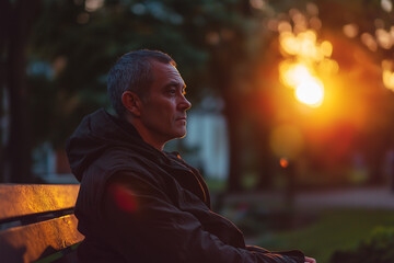 Emotive portrait of a man with bipolar disorder sitting alone at sunset, captured with contrasting light and deep emotion.