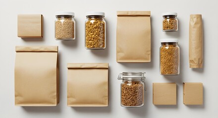 Eco-friendly food packaging mockups with various kraft paper bags, glass jars containing grains, and wrapped items on a clean white background.