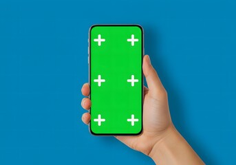 Hand holding a smartphone with a greenscreen chroma key display, ideal for showcasing Gemini project visuals or app mockups on a blue background.