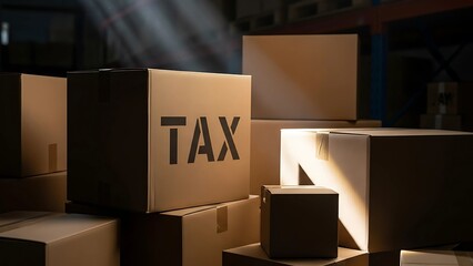 A cardboard box marked “TAX” stands out among unmarked parcels, symbolizing tax on goods, import duties, or e-commerce logistics compliance. Ideal for visuals about trade and shipping taxation.