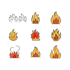 set of fire flames on white background