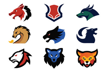 Vector art of collection of fierce animal mascot heads isolated on white background for logo design