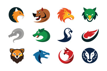 Vector art of a set of minimalist animal mascot logos on a white background