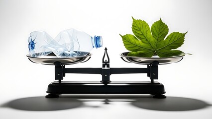 A balance scale displays a crushed plastic bottle against green leaves, symbolizing the environmental burden of waste versus the harmony of nature. A strong visual on sustainability and awareness.