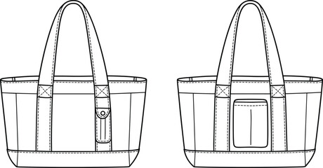 CAD drawing flat vector illustration of structured tote bag design, front and back view, detailed stitching, fashion sewing template, handbag blueprint, accessory sketch layout © Best_Design
