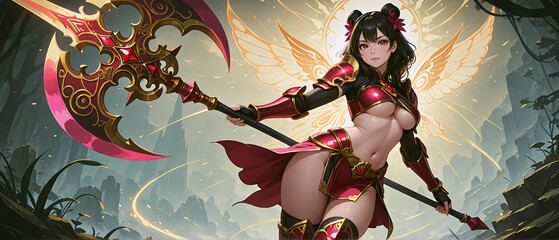 大きな槍を持ったアーマーを着た美少女　　A beautiful girl in armor holding a large spear
