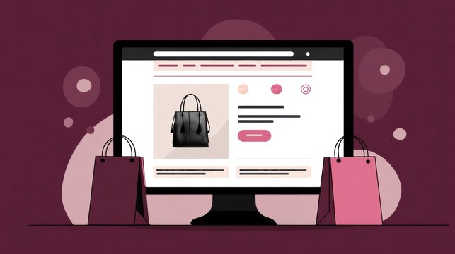 Clean E-Commerce Product Page Design Showcasing a Stylish Handbag With Vibrant Shopping Bags on Either Side