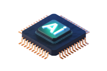 Isometric AI Microchip with Glowing Letters and Circuitry on Transparent Background Representing Artificial Intelligence and Advanced Technology on transparent background